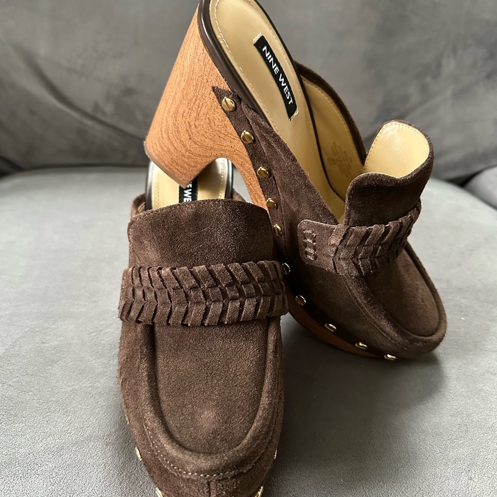 Nine West Brown Suede Mules with Wooden Heel